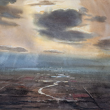 aerial landscape of brown fields, with light reflecting off rivers and ponds and dark clouds in the sky